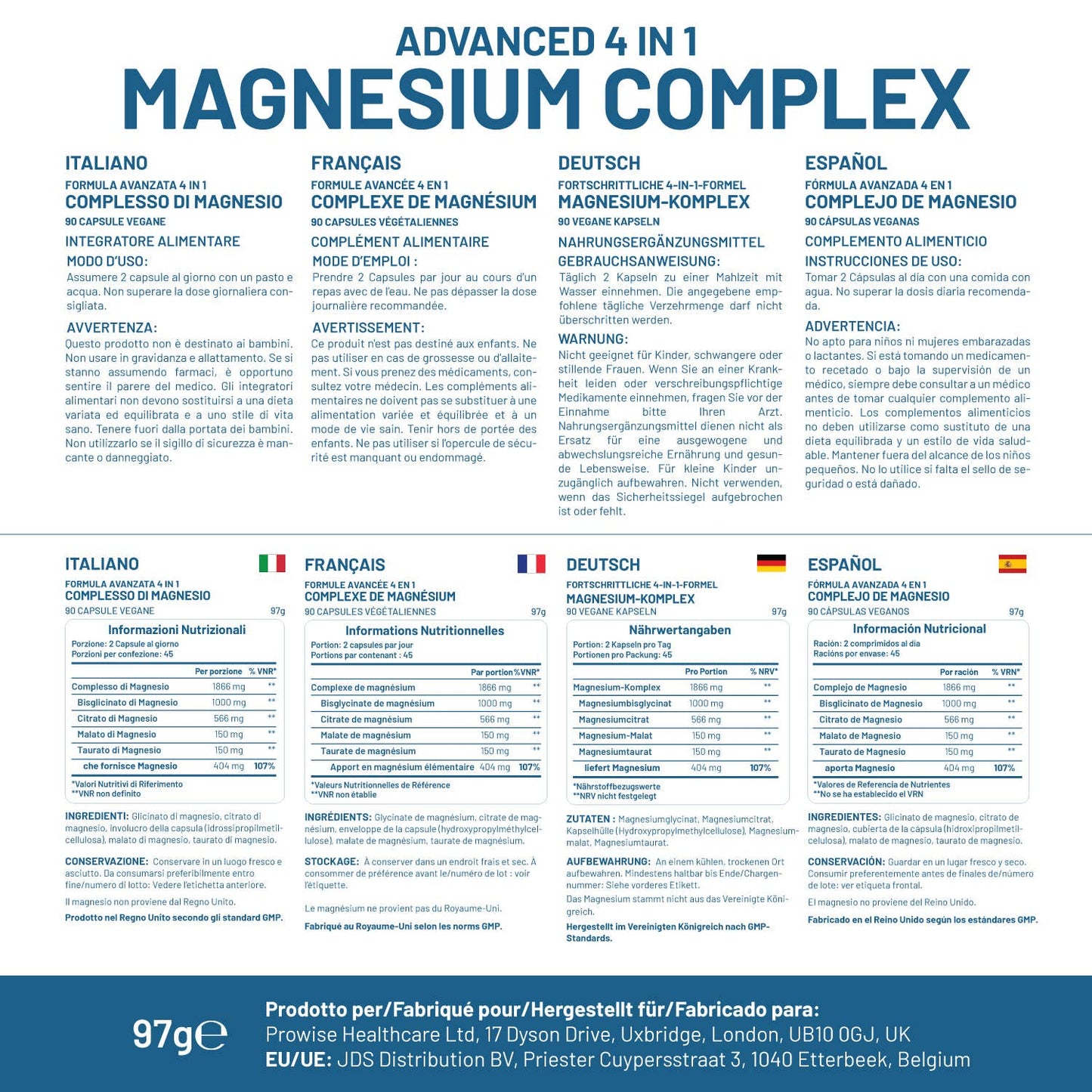 Prowise Healthcare - Magnesium Glycinate Complex 4 trong 1 - 1866mg 90 Viên nang thuần chay