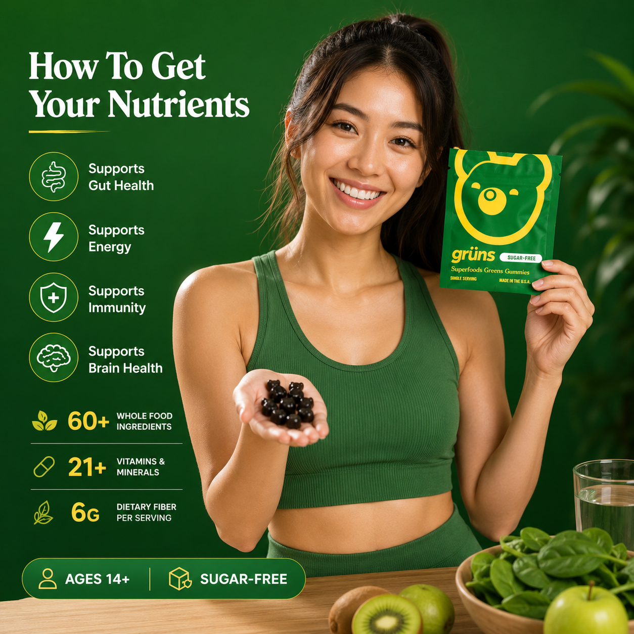 Grüns Adult Sugar Free Superfood Greens Gummies, 14 Servings