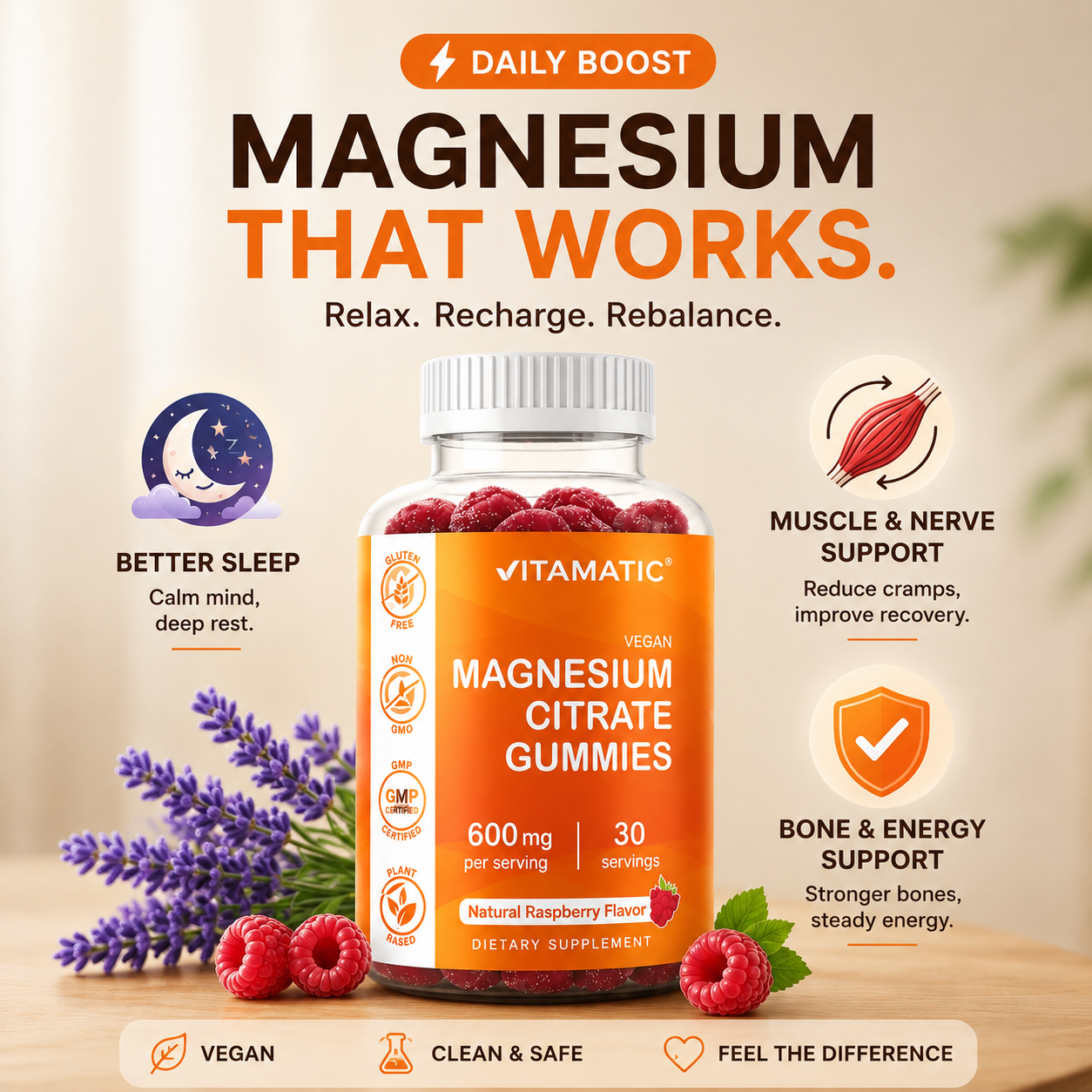 Vitamatic Magnesium 600mg | Muscle & Calm | 60 Vegan Gummies